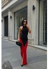 Kadın Büzgülü Sırt Dekolteli Çift Renk Kırmızı Maxi Boy Elbise