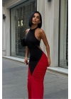 Kadın Büzgülü Sırt Dekolteli Çift Renk Kırmızı Maxi Boy Elbise
