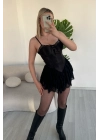 Kadın Premium Dantel Detaylı Askılı Biyeli Şortlu Siyah Mini Boy Elbise