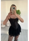 Kadın Premium Dantel Detaylı Askılı Biyeli Şortlu Siyah Mini Boy Elbise