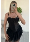 Kadın Premium Dantel Detaylı Askılı Biyeli Şortlu Siyah Mini Boy Elbise