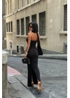 Kadın Şallı Açık Omuzlu Maxi Boy Yırtmaçlı Siyah Elbise
