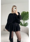 Kadın Siyah Şifon Dökümlü Volanlı Kuşak Detaylı Şortlu Uzun Kollu Mini Boy Elbise