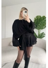 Kadın Siyah Şifon Dökümlü Volanlı Kuşak Detaylı Şortlu Uzun Kollu Mini Boy Elbise