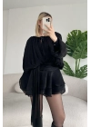 Kadın Siyah Şifon Dökümlü Volanlı Kuşak Detaylı Şortlu Uzun Kollu Mini Boy Elbise