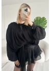Kadın Siyah Şifon Dökümlü Volanlı Kuşak Detaylı Şortlu Uzun Kollu Mini Boy Elbise