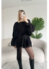 Kadın Siyah Şifon Dökümlü Volanlı Kuşak Detaylı Şortlu Uzun Kollu Mini Boy Elbise