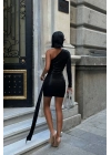 Kadın Tek Kol Kuşak Detaylı Parlak Mini Boy Siyah Elbise