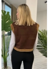 Kürk Detaylı Fermuarlı Kahverengi Yelek