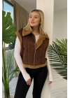 Kürk Detaylı Fermuarlı Kahverengi Yelek
