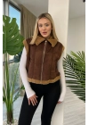 Kürk Detaylı Fermuarlı Kahverengi Yelek