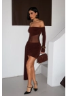Kuşaklı Tül Dekolteli Straplez Yaka Kahverengi Mini Elbise