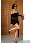 Kuşaklı Tül Dekolteli Straplez Yaka Siyah Mini Elbise