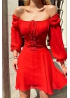 Kuşgözlü Tül Kollu Design Kırmızı Elbise