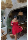 Kuşgözlü Tül Kollu Design Kırmızı Elbise