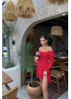 Kuşgözlü Tül Kollu Design Kırmızı Elbise