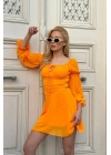 Kuşgözlü Tül Kollu Design Turuncu Elbise