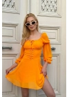 Kuşgözlü Tül Kollu Design Turuncu Elbise