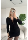 Kuşgözü Detaylı Büzgülü Premium Mini Boy Siyah Tasarım Elbise