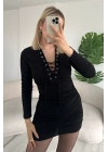 Kuşgözü Detaylı Büzgülü Premium Mini Boy Siyah Tasarım Elbise