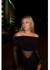 Madonna Yaka Tül Dekolte Detaylı Siyah Maxi Boy Elbise