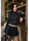Pileli Kemer Detaylı Şortlu Basic Siyah Etek