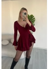 Şık Düğme Detaylı İspanyol Kol Şortlu Pileli Bordo Mini Elbise