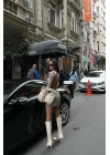 Sırt Dekolteli Uzun Kol Sandy Leopar Bej Mini Elbise