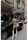 Sırt Dekolteli Uzun Kol Sandy Leopar Bej Mini Elbise