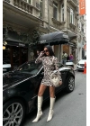 Sırt Dekolteli Uzun Kol Sandy Leopar Bej Mini Elbise