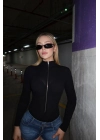 Siyah Uzun Kollu Fermuarlı Bodysuit