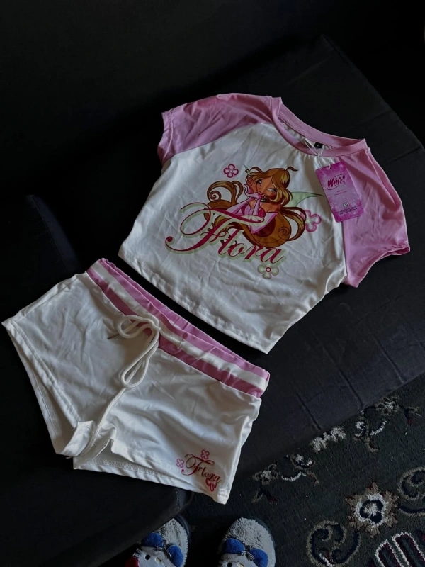 Flora Pembe Şort T-shirt Takım
