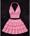 ASHLEY SİMLİ ŞORT ETEK BLUZ - PEMBE