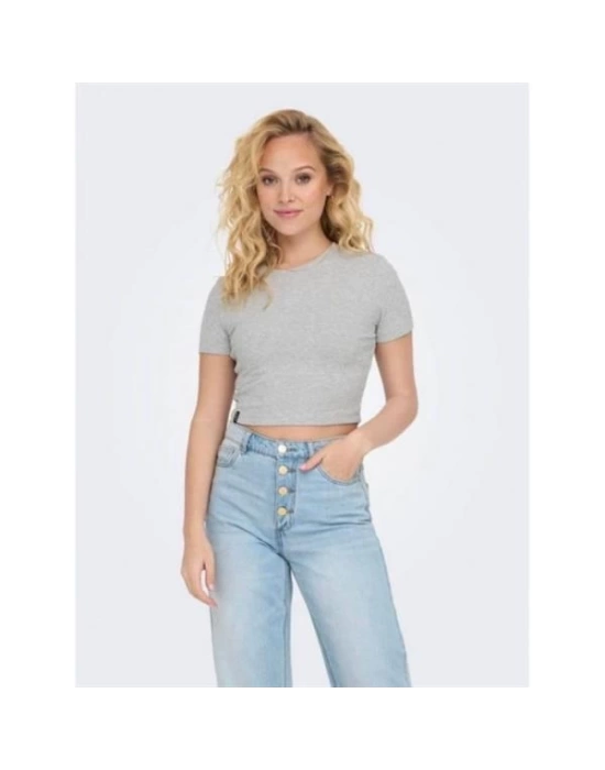 15311891 Likralı Fitilli Crop Kadın T-Shirt Gri