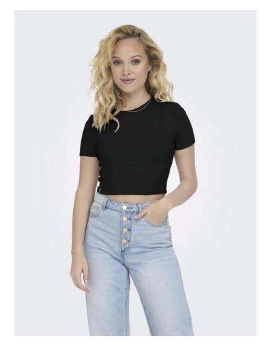 15311891 Likralı Fitilli Crop Kadın T-Shirt Siyah
