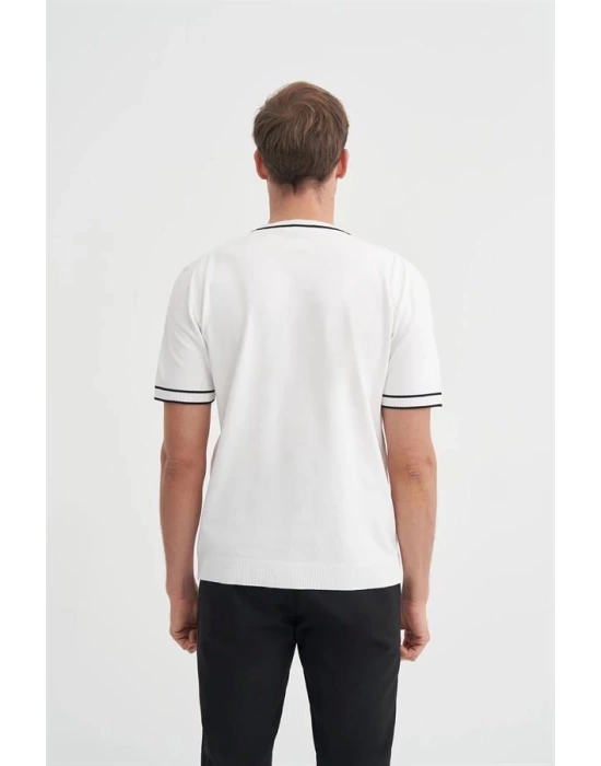 3013 Bisiklet Yaka Bel ve Kol Lastikli Triko Erkek T-Shirt BEYAZ