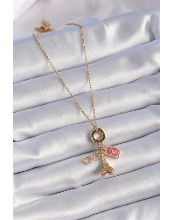 316L Çelik Gold Renk Eyfel Kulesi Fotoğraf Makinesi Figür Charm Model Kadın Kolye