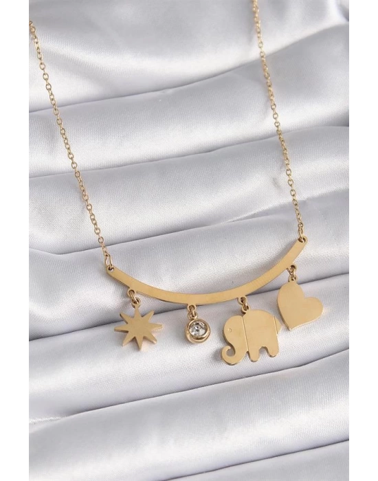 316L Çelik Gold Renk Fil Figür Zirkon Taş Detay Kadın Kolye