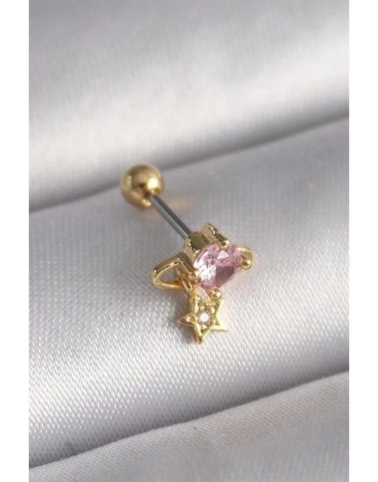 316L Çelik Gold Renk Pembe Zirkon Taşlı Sallantı Yıldız Detay Tragus Piercing