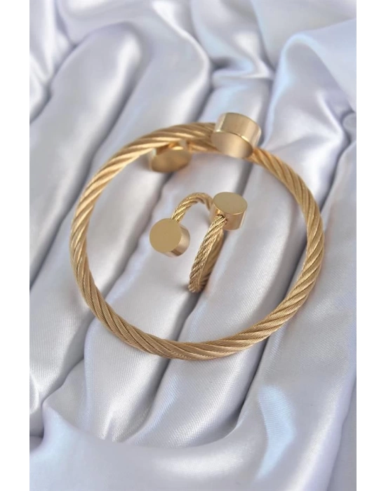 316L Çelik Gold Renk Sarmal Model Erkek Bileklik Yüzük Kombini