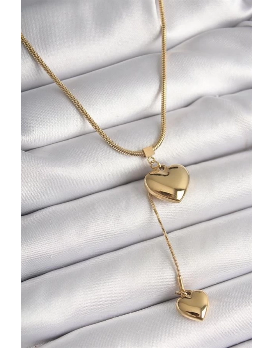 316L Çelik Gold Renk Tüp Zincir Model 3D Sallantı Kalp Model Kadın Kolye