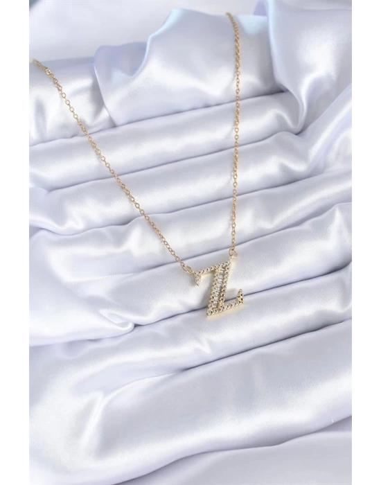 316L Çelik Gold Renk Z Harf Model Zirkon Taşlı Kadın Kolye