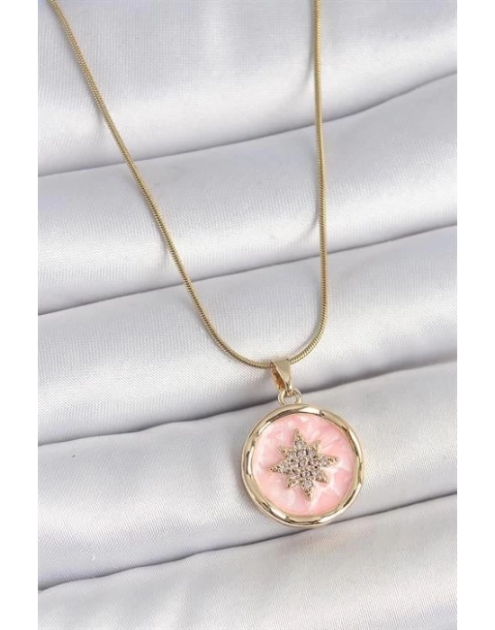 316L Çelik Gold Renk Zincir Pembe Mineli Zirkon Taşlı Kuzey Yıldız İşlemeli Madalyon Model Kadın Kolye