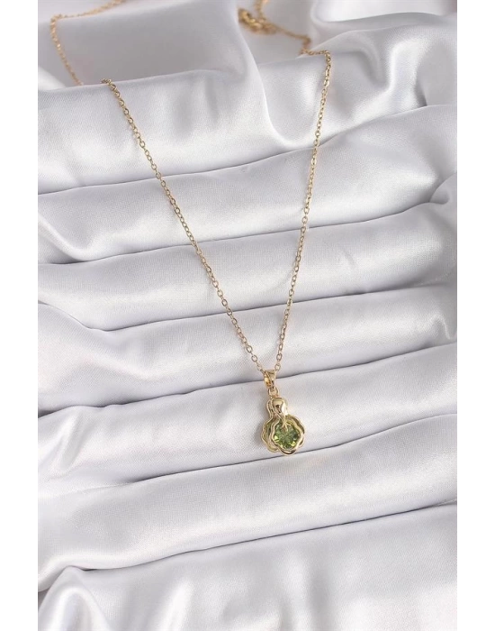 316L Çelik Gold Renk Zincir Yeşil Zirkon Taşlı Vintage Model Kadın Kolye