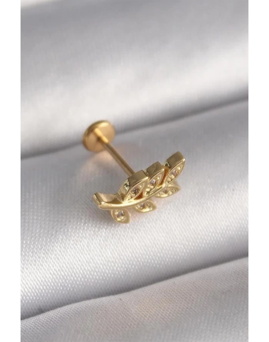 316L Çelik Gold Renk Zirkon Taş Detaylı Yaprak Model Tragus Piercing