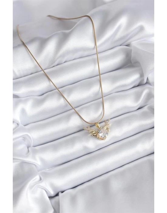 316L Çelik Gold Renk Zirkon Taşlı Boynuz Model Kadın Kolye