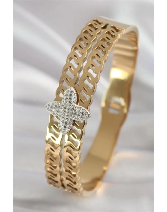 316L Çelik Gold Renk Zirkon Taşlı Çiçek Model Kadın Kelepçe