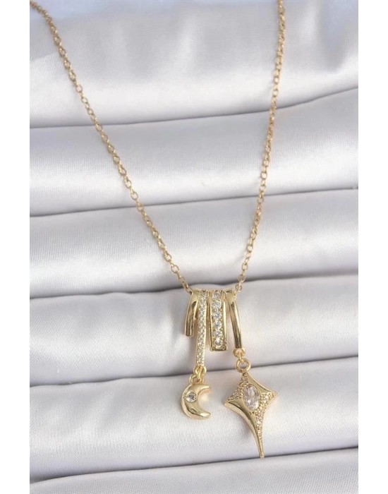 316L Çelik Gold Renk Zirkon Taşlı Sallantı Ay Yıldız Figür Charm Kadın Kolye