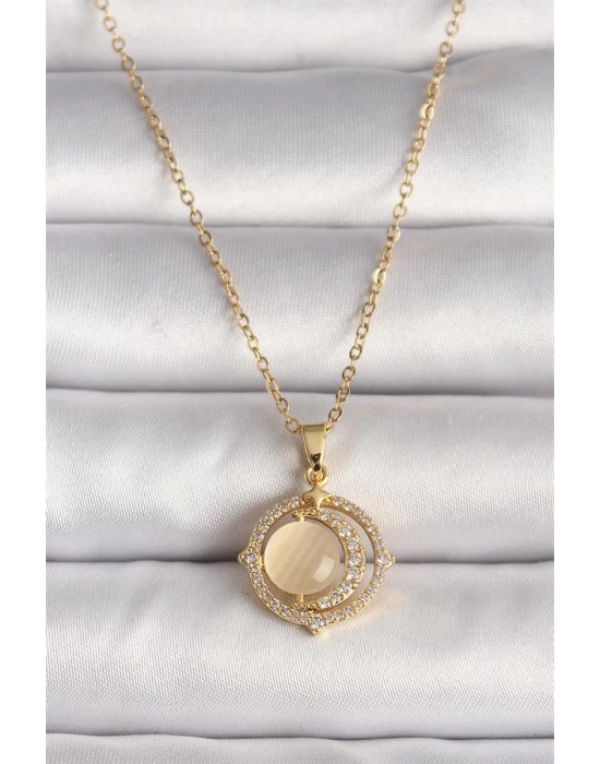 316L Çelik Gold Renk Zirkon Taşlı Sarı Sedefli Hilal Model Kadın Kolye