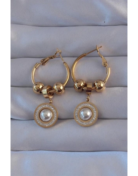 316L Çelik Gold Renk Zirkon ve İnci Taşlı Model Halka Küpe